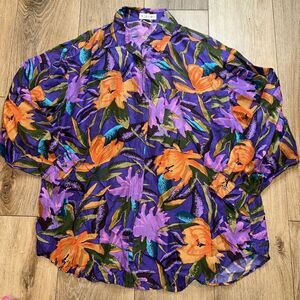 Kikomo‎ Women's 100% Silk Floral Long Sleeve Purple Floral Button Shirt Large